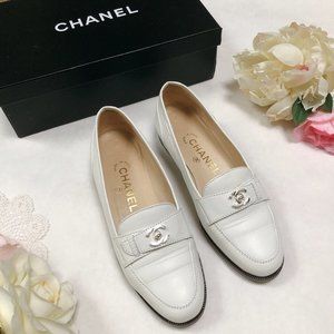 CHANEL White Loafers Silver Logo Buckle Flats